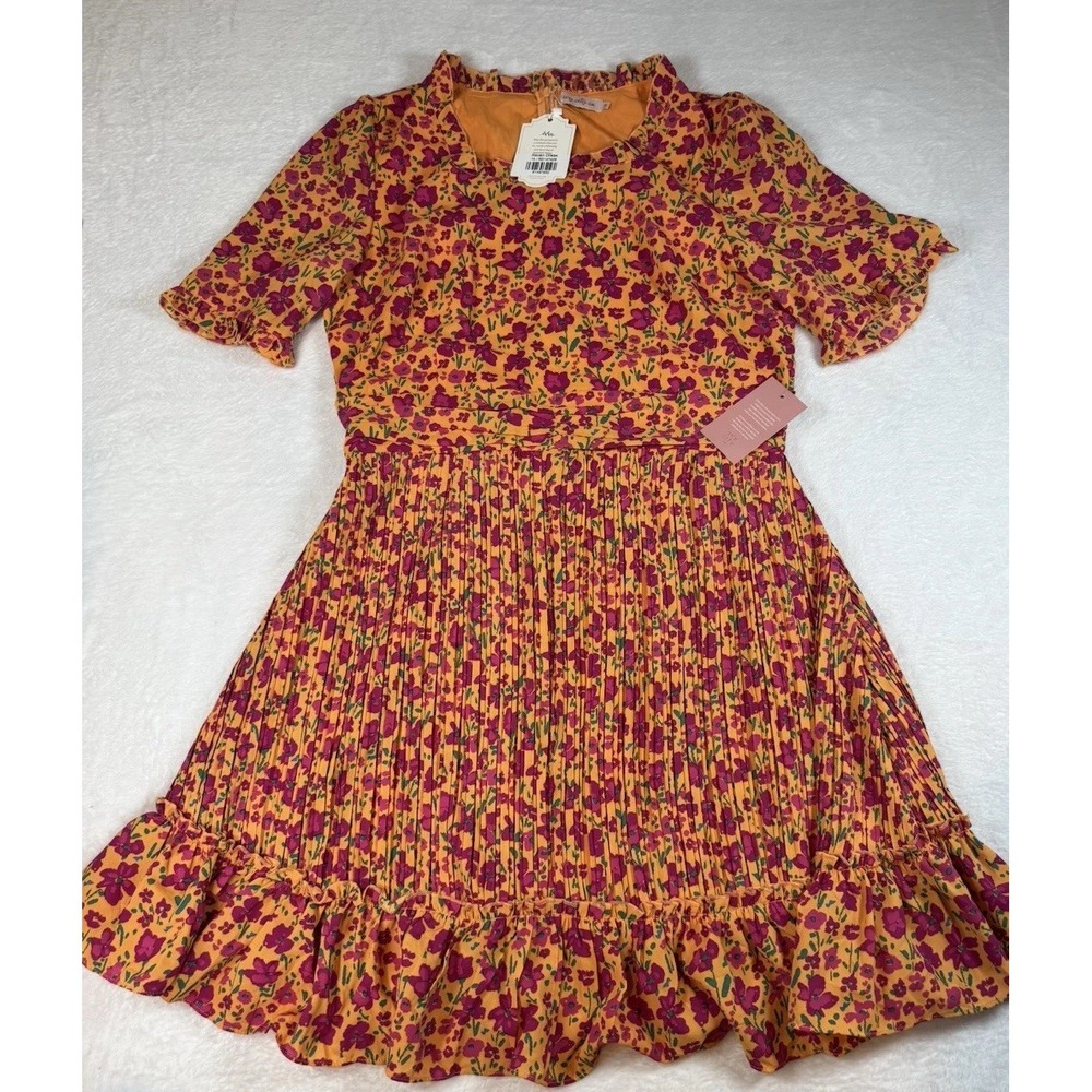 Ivy City Co Midi Dress Women Size 14 Smocked Pink Orange‎ Colorful Floral Spring